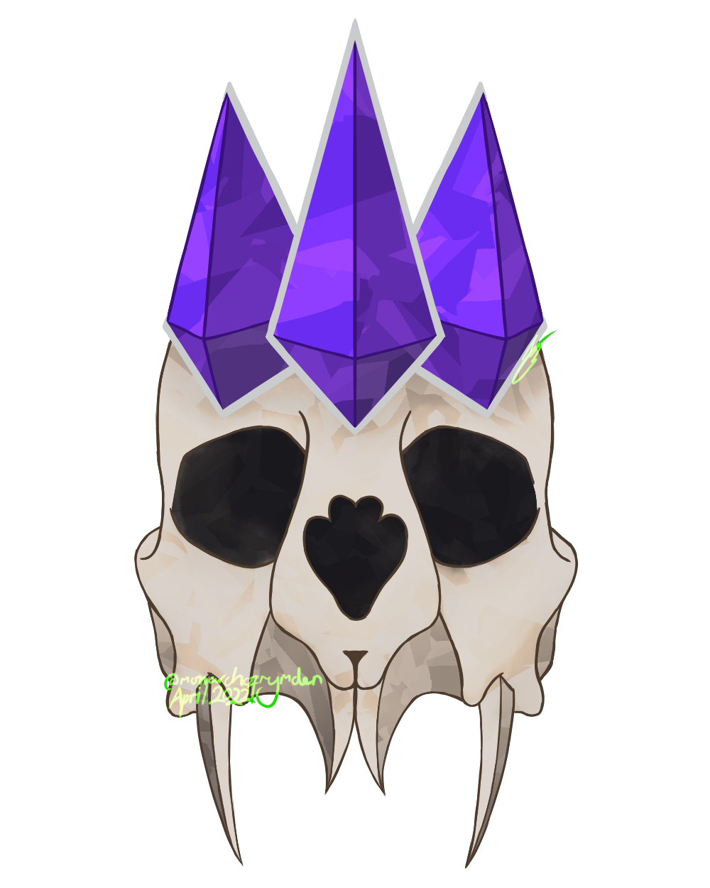 A logo of a skull with fangs, wearing a crown made of purple crystals.